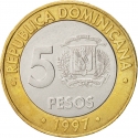 5 Pesos 1997, KM# 88, Dominican Republic, 50th Anniversary of Central Bank