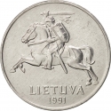 2 Centai 1991, KM# 86, Lithuania