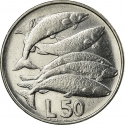 50 Lire 1975, KM# 45, San Marino, Animals, Salmons